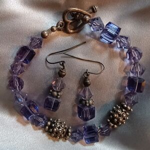Unique Vtg Artisan Handmade Amethyst Crystal & Strlg Silver Bracelet & Earrings